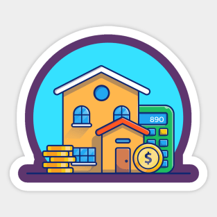 House, Calculator And Coin Cartoon Sticker